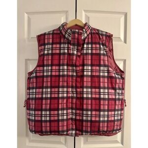 Lands End Women's Plus Size 2X Pink Plaid‎ Reversible Down-Filled Puffer Vest